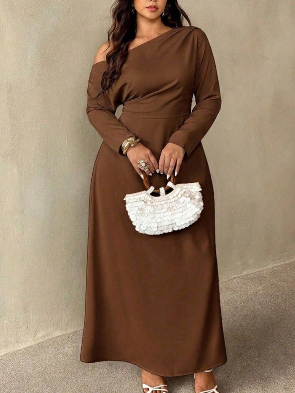 Brown Elegant Women's Asymmetrical Ruched Batwing Long-Sleeve Dress